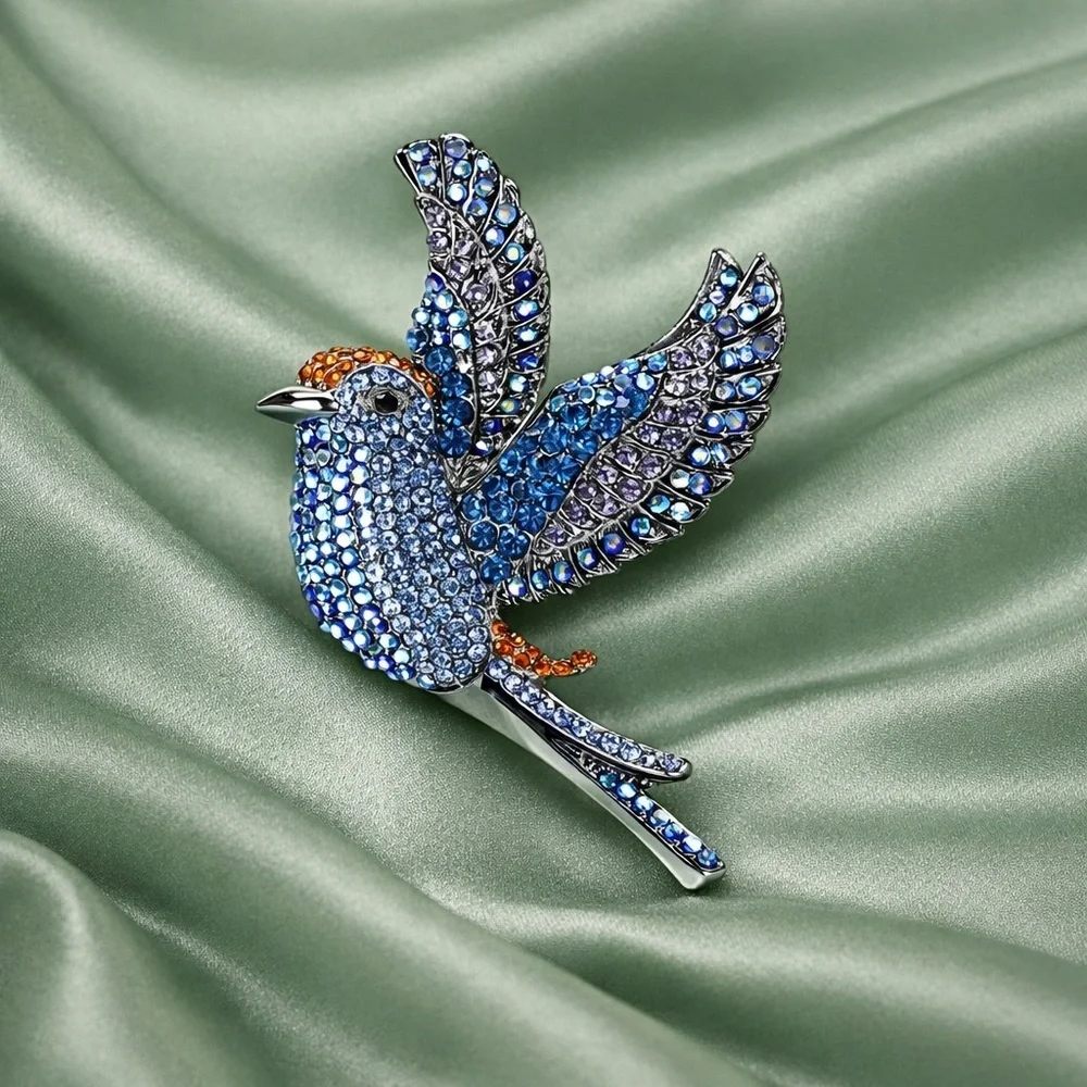 Royal Blue Bird Crystal Brooch
